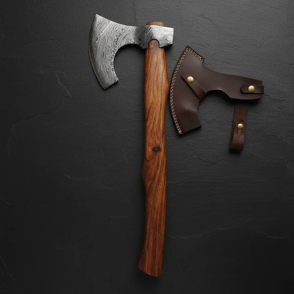 Hand Forged Damascus Viking Bearded Axe with Rosewood Handle