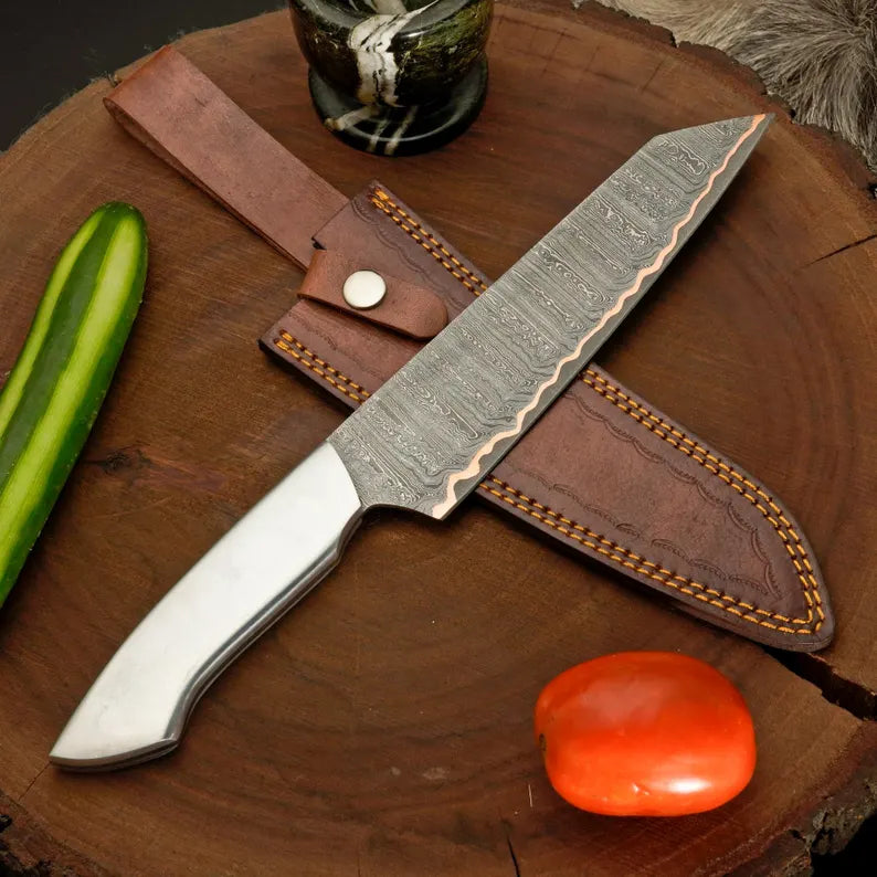 Copper Damascus Chef Knife with Silver Steel Handle &amp; Leather Sheath