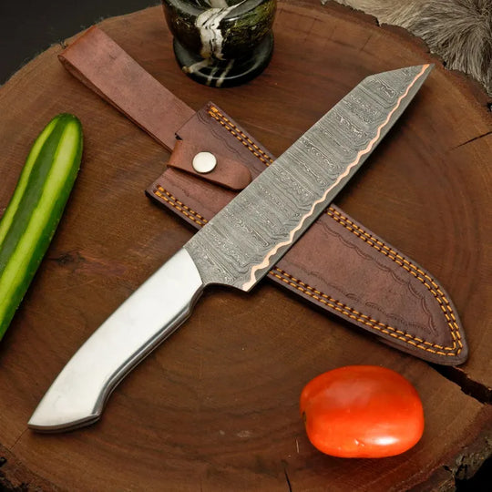 Copper Damascus Chef Knife with Silver Steel Handle &amp; Leather Sheath
