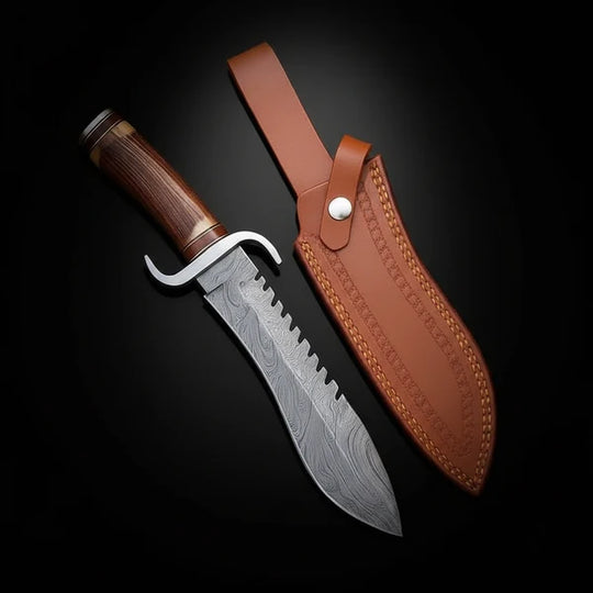 Handmade Damascus Bowie Knife – Antler &amp; Rosewood Handle, Serrated Spine