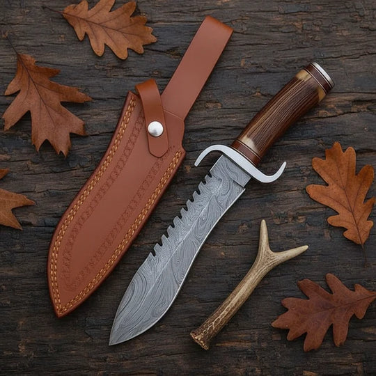 Handmade Damascus Bowie Knife – Antler &amp; Rosewood Handle, Serrated Spine