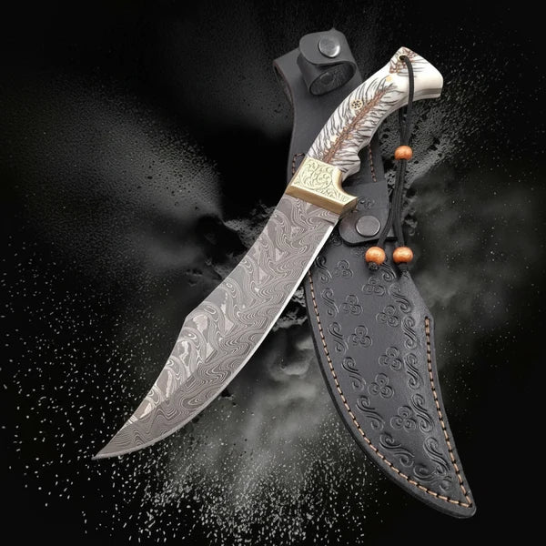 Handmade Damascus Steel Bowie Knife with Engraved Resin Handle & Leather Sheath