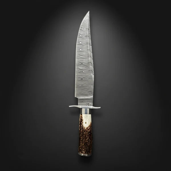Hand-Forged Damascus Bowie Knife – Stag Horn Handle & Steel Cross Guard