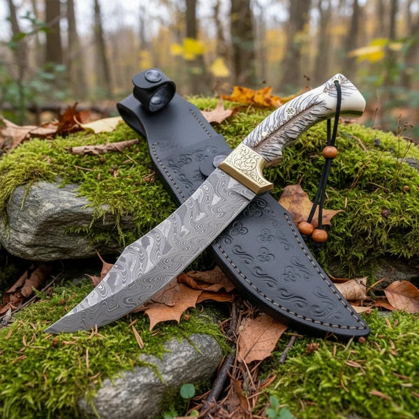 Handmade Damascus Steel Bowie Knife with Engraved Resin Handle &amp; Leather Sheath