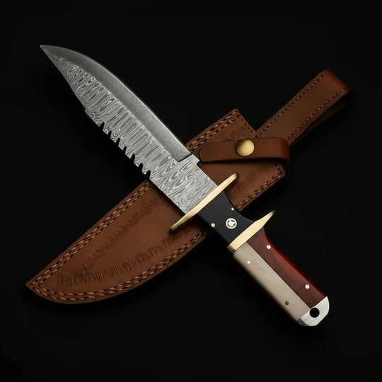 Handmade Damascus Bowie Knife – Rosewood &amp; Bone Handle, Brass Guard &amp; Leather Sheath