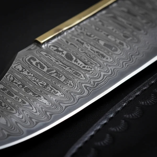 Handmade Damascus Bowie Knife – Rosewood Handle, Brass Guard & Leather Sheath