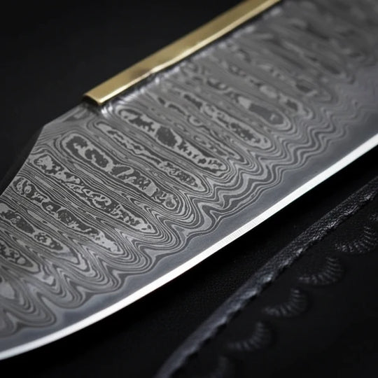 Handmade Damascus Bowie Knife – Rosewood Handle, Brass Guard &amp; Leather Sheath