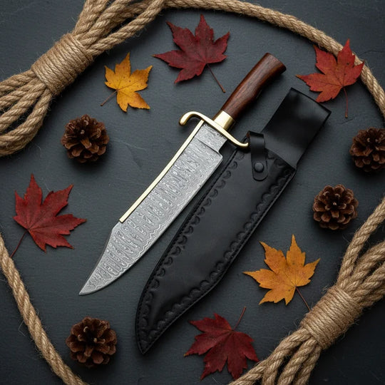 Handmade Damascus Bowie Knife – Rosewood Handle, Brass Guard &amp; Leather Sheath