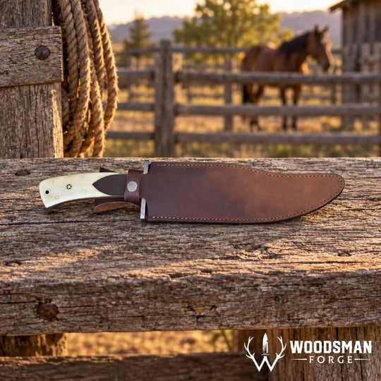 A fixed-blade knife with a brown leather sheath rests on a rustic wooden fence in a sunlit outdoor setting, with a horse and barn blurred in the background. The Woodman Forge logo appears in the bottom right corner.