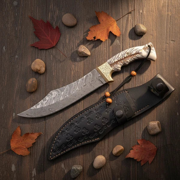 Handmade Damascus Steel Bowie Knife with Engraved Resin Handle &amp; Leather Sheath