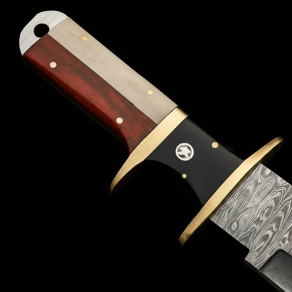 Handmade Damascus Bowie Knife – Rosewood &amp; Bone Handle, Brass Guard &amp; Leather Sheath