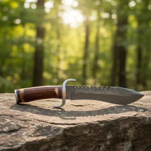 Handmade Damascus Bowie Knife – Antler &amp; Rosewood Handle, Serrated Spine