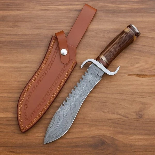 Handmade Damascus Bowie Knife – Antler &amp; Rosewood Handle, Serrated Spine