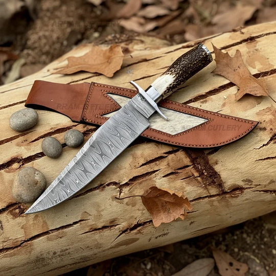 Hand-Forged Damascus Bowie Knife – Stag Horn Handle &amp; Steel Cross Guard