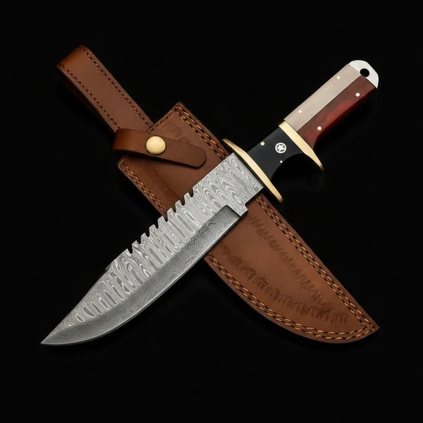 Handmade Damascus Bowie Knife – Rosewood &amp; Bone Handle, Brass Guard &amp; Leather Sheath