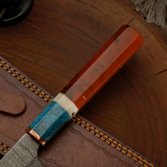 Handforged Copper Damascus Chef Knife with Resin Handle &amp; Leather Sheath