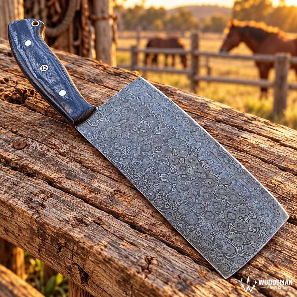 Timberfall Forgecrest Damascus Cleaver Knife – Full Tang & Wood Handle WOODSMAN FORGE