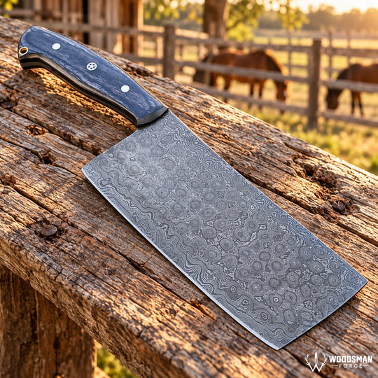 Timberfall Forgecrest Damascus Cleaver Knife – Full Tang &amp; Wood Handle WOODSMAN FORGE