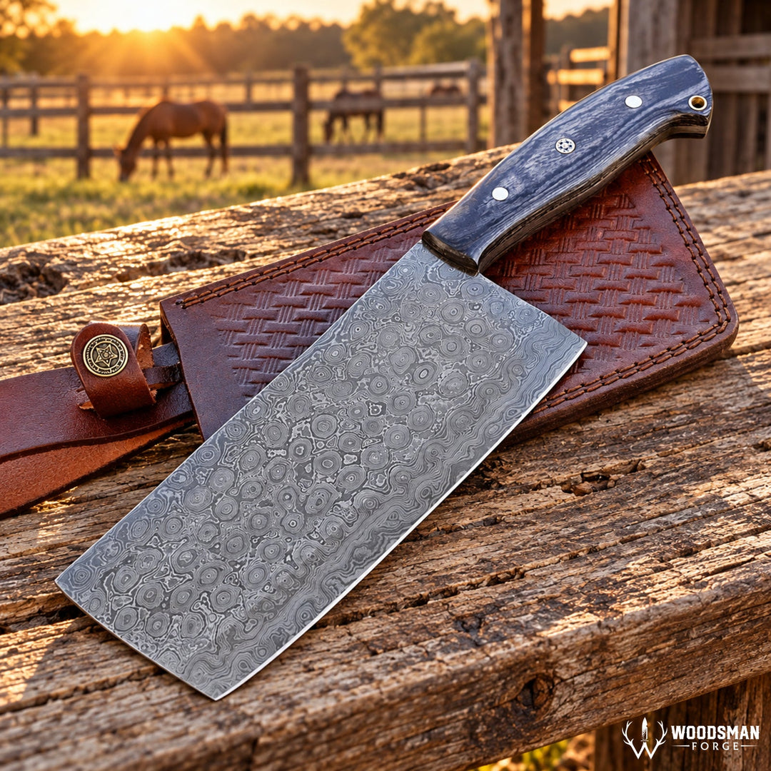 Timberfall Forgecrest Damascus Cleaver Knife – Full Tang & Wood Handle WOODSMAN FORGE