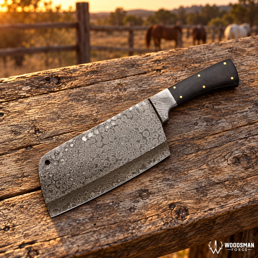Stormdrop Forgeveil™ 352-Layer Raindrop Damascus Cleaver Knife – Micarta Handle WOODSMAN FORGE