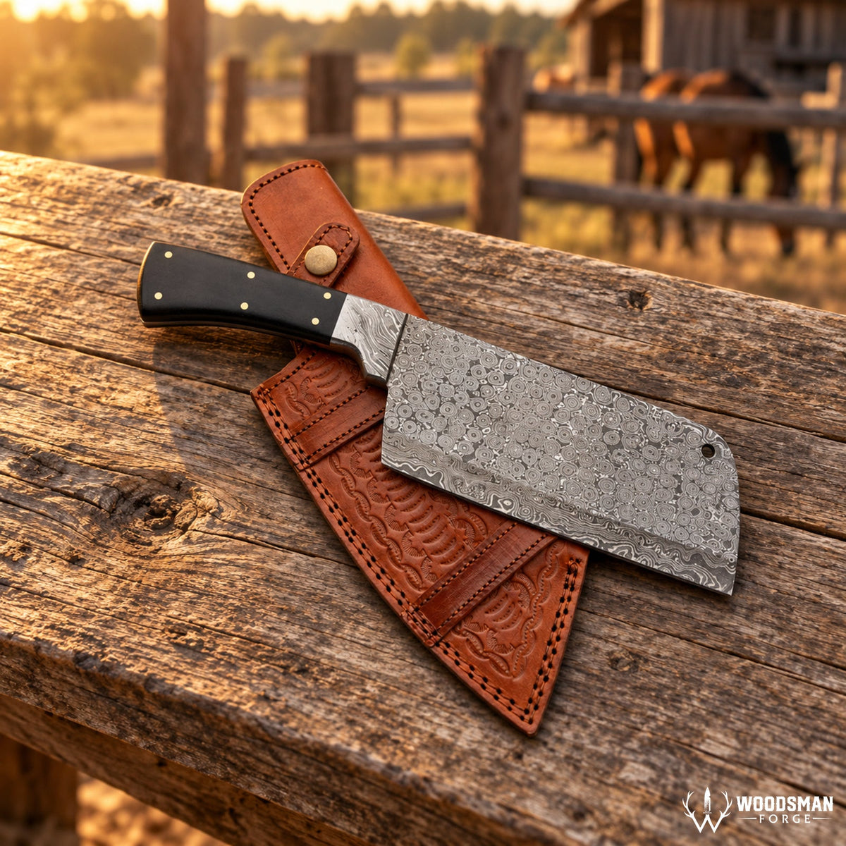 Stormdrop Forgeveil™ 352-Layer Raindrop Damascus Cleaver Knife – Micarta Handle WOODSMAN FORGE