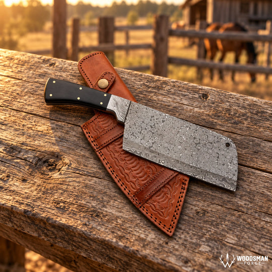 Stormdrop Forgeveil™ 352-Layer Raindrop Damascus Cleaver Knife – Micarta Handle WOODSMAN FORGE