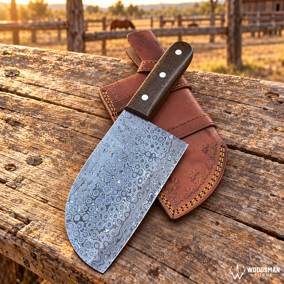 A large Damascus steel butcher knife with a patterned steel blade and dark wood handle, resting on a brown leather sheath over a rustic wooden table, with a blurred outdoor ranch background. The Woodman Forge logo is visible in the bottom right corner.
