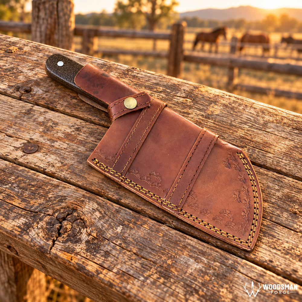 A brown leather knife sheath with an embossed floral pattern and gold-toned stitching, shown holding a knife handle on a rustic wooden fence rail outdoors at sunset. A Woodsman Forge logo appears in the bottom right corner.
