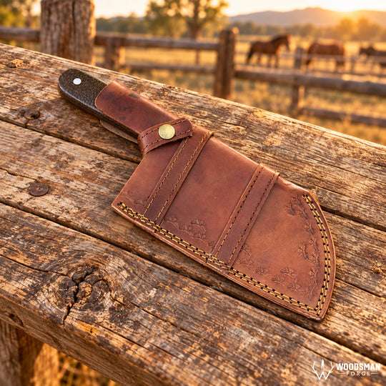 A brown leather knife sheath with an embossed floral pattern and gold-toned stitching, shown holding a knife handle on a rustic wooden fence rail outdoors at sunset. A Woodsman Forge logo appears in the bottom right corner.