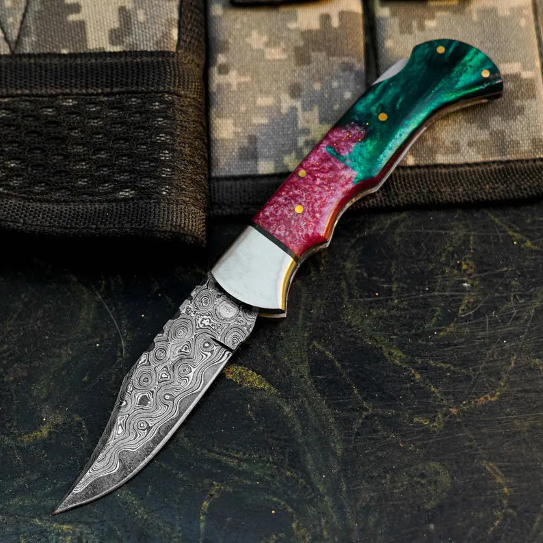 Damascus Folding Pocket Knife with Resin Handle | Handmade Hunting Knife
