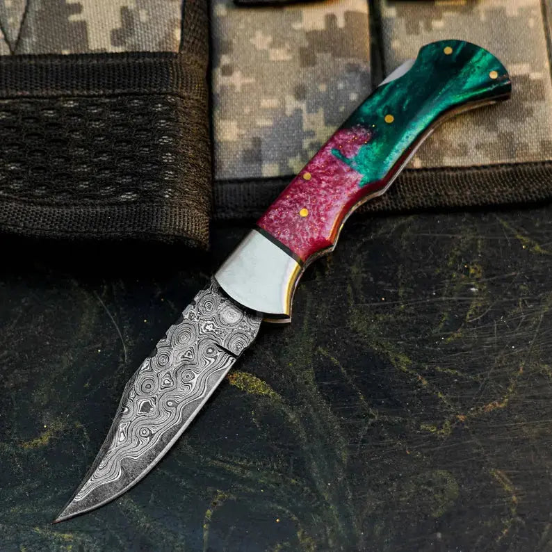 Damascus Folding Pocket Knife with Resin Handle | Handmade Hunting Knife WOODSMAN FORGE