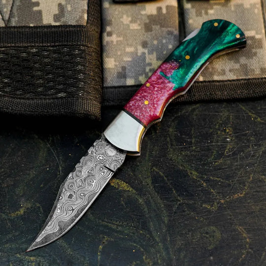 Damascus Folding Pocket Knife with Resin Handle | Handmade Hunting Knife