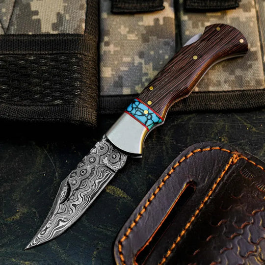 Damascus Folding Hunting Pocket Knife – Wenge Wood Handle