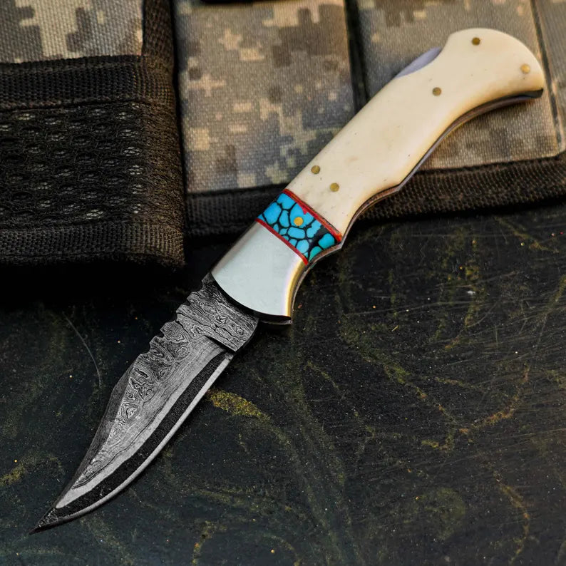 Damascus San Mai Knife with Camel Bone Handle