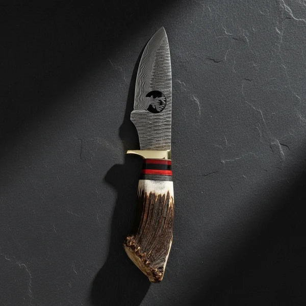 Handmade Damascus Skinner Knife – Stag Antler Handle & Leather Sheath