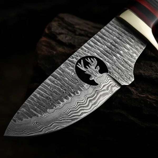 Handmade Damascus Skinner Knife – Stag Antler Handle &amp; Leather Sheath