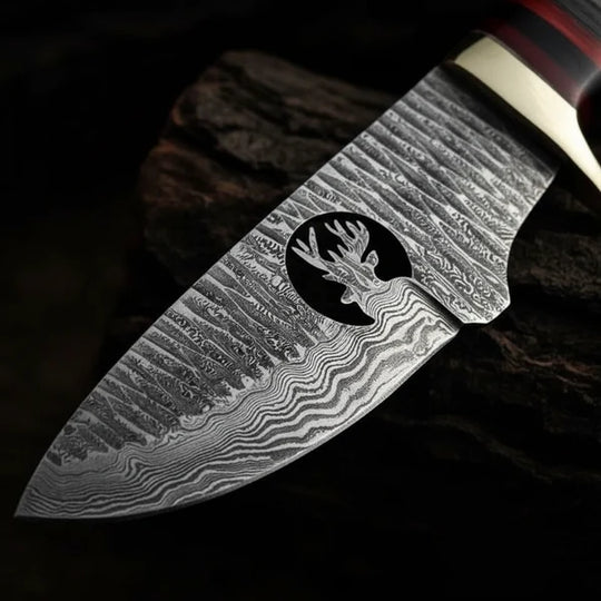 Handmade Damascus Skinner Knife – Stag Antler Handle &amp; Leather Sheath