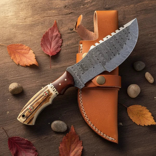 Hand Forged Damascus Tracker Knife with Genuine Stag Antler Handle