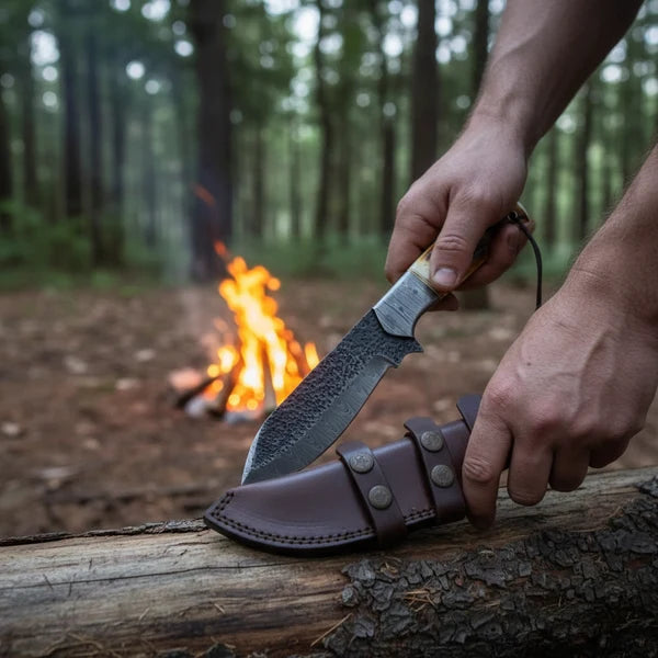 Hand-Forged Damascus Tracker Hunting Knife – Burned Bone Handle & Leather Sheath