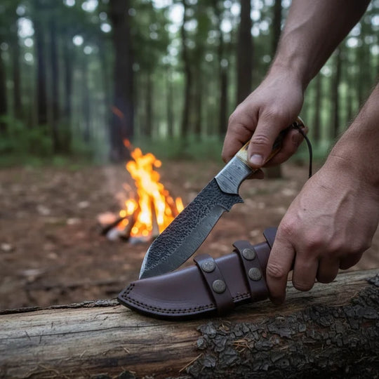Hand-Forged Damascus Tracker Hunting Knife – Burned Bone Handle &amp; Leather Sheath