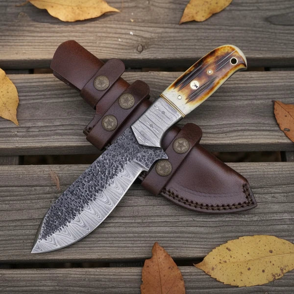 Hand-Forged Damascus Tracker Hunting Knife – Burned Bone Handle &amp; Leather Sheath
