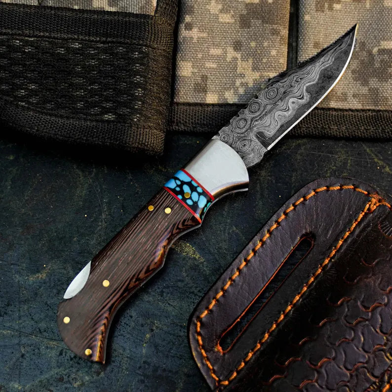 Damascus Folding Hunting Pocket Knife – Wenge Wood Handle