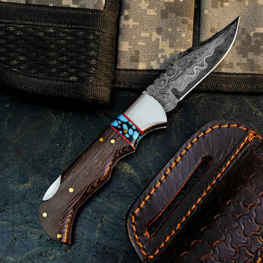 Damascus Folding Hunting Pocket Knife – Wenge Wood Handle