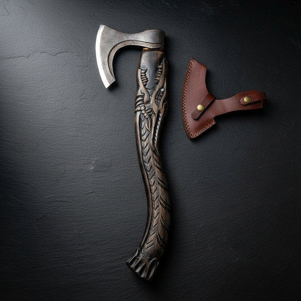 Hand Forged Viking Bearded Axe with Carved Norse Dragon Handle