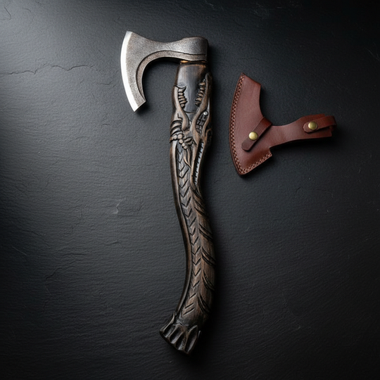 Hand Forged Viking Bearded Axe with Carved Norse Dragon Handle