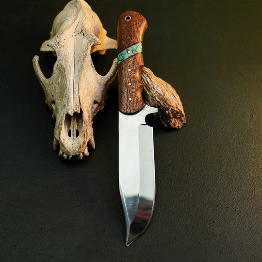 A fixed-blade knife with a polished silver blade and a brown wood handle accented by a turquoise band, displayed vertically next to a deer skull and a piece of driftwood on a dark textured surface.