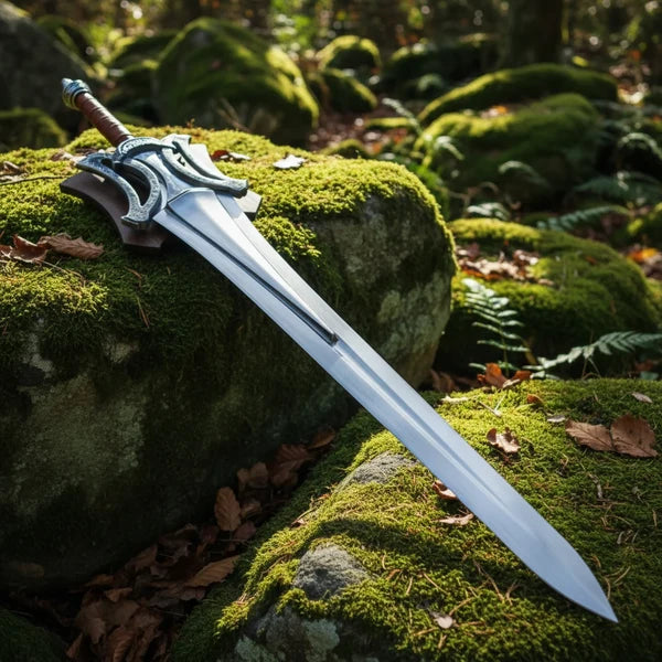 Fantasy Medieval Broad Sword with Ornate Silver Guard &amp; Leather Grip