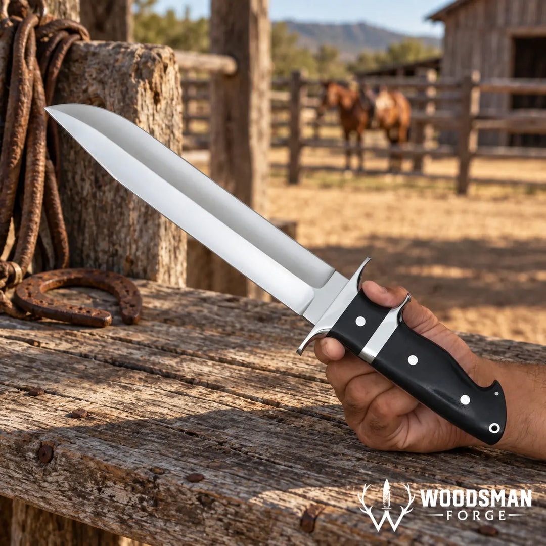 A large fixed-blade knife with a polished silver blade and a black handle with silver rivets, held by a hand in a rustic outdoor setting with a wooden fence, horse, and barn in the background. The &