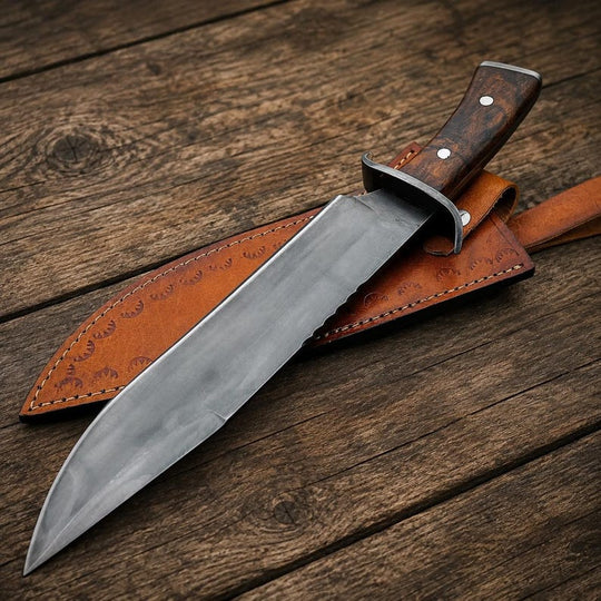 Hand Forged Bowie Hunting Knife with Wooden Handle &amp; Leather Sheath