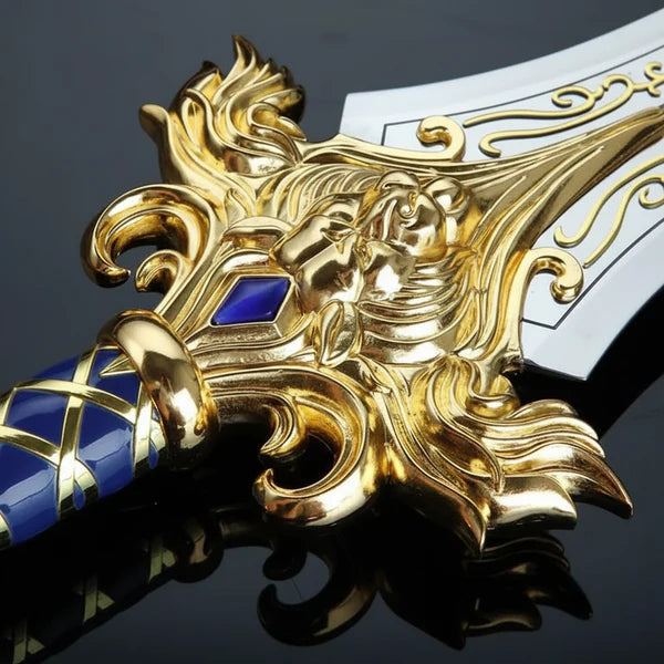 Royal Lion Guard Broad Sword with Blue Leather Handle &amp; Ornate Gold Details